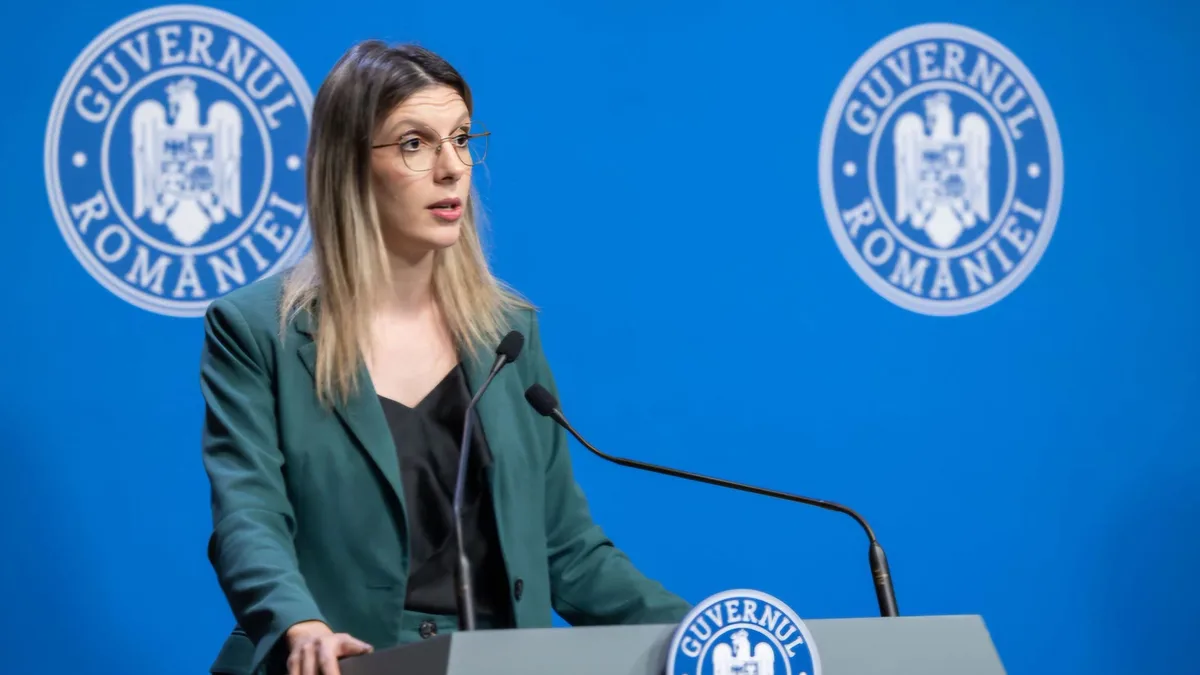Diana Buzoianu la un pupitru cu două microfoane, în fața însemnelor Guvernului României.