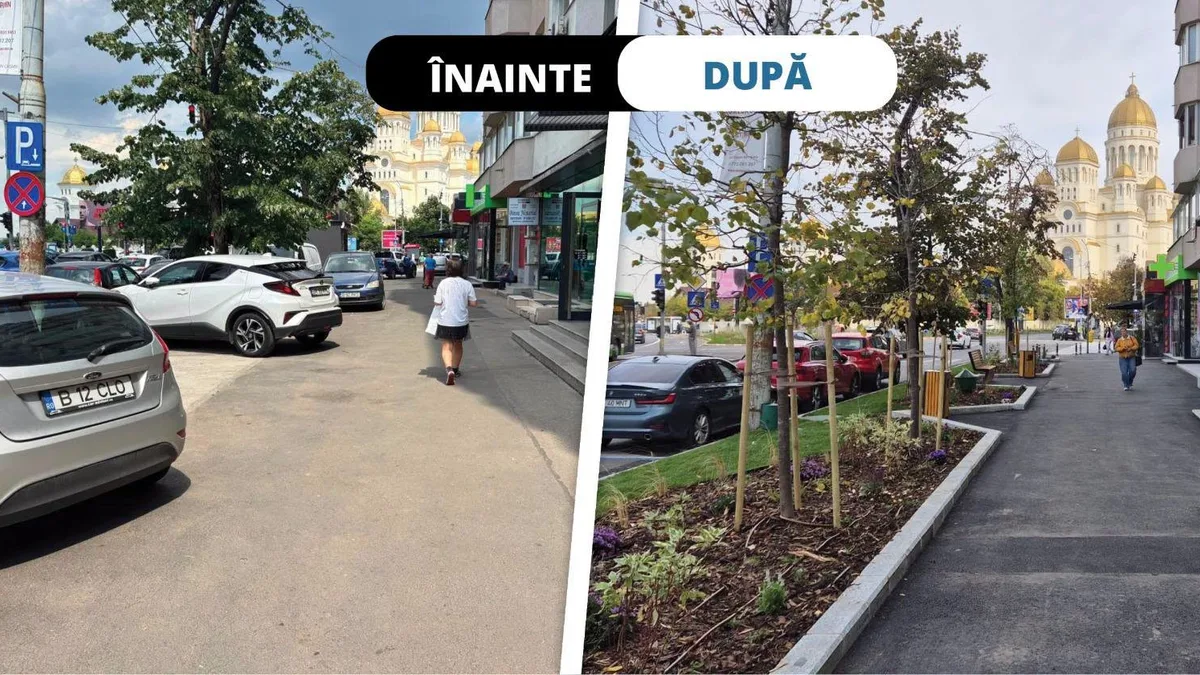 Colaj înainte și după: mașini pe trotuar, comparate cu un traseu pietonal liber, mărginit de arbori și straturi plantate.