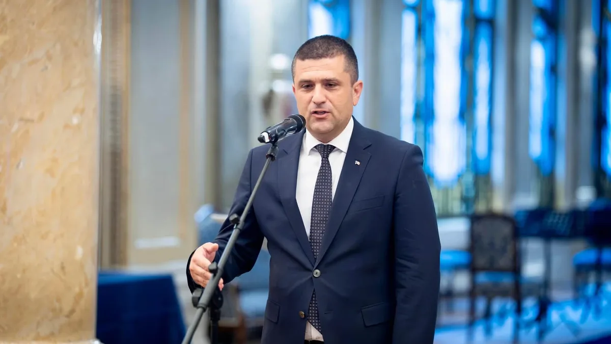 Radu Miruță vorbește la un microfon pe stativ, într-o sală cu coloane și scaune albastre.