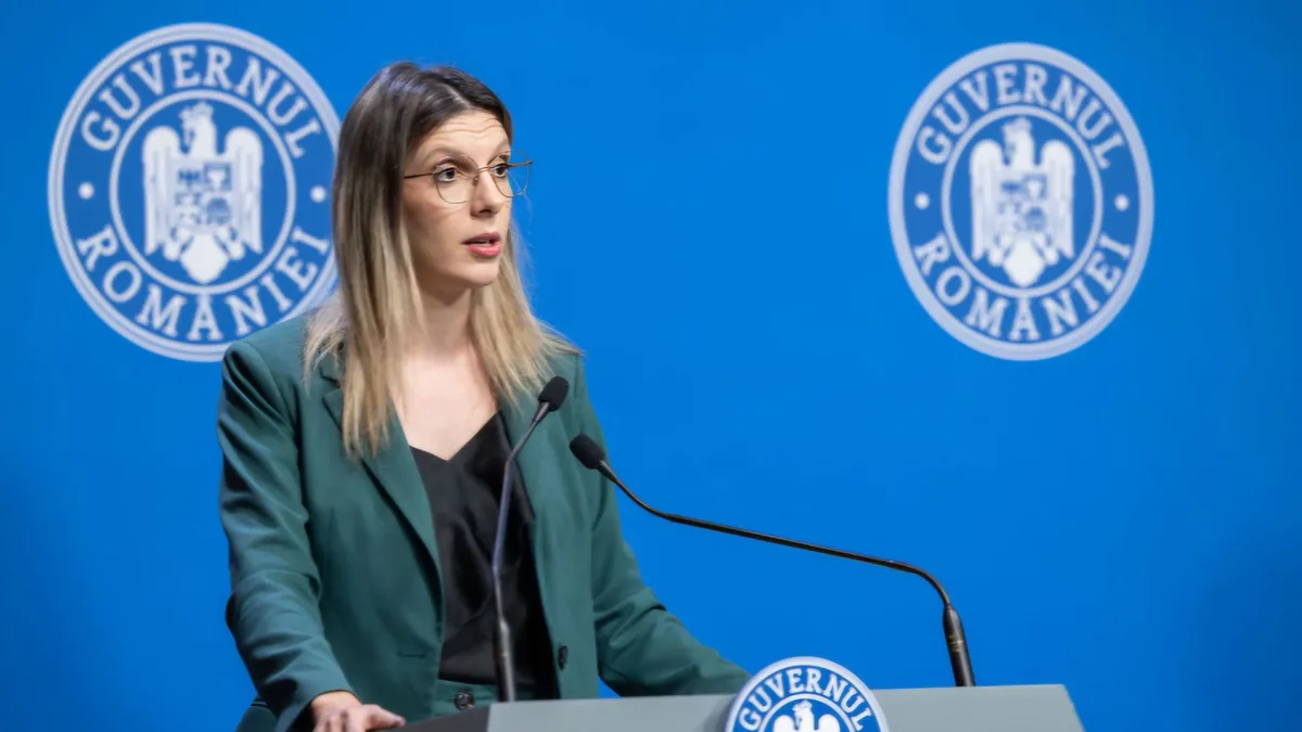 Diana Buzoianu vorbește la un pupitru cu microfoane, pe un fundal albastru cu însemnele Guvernului României.