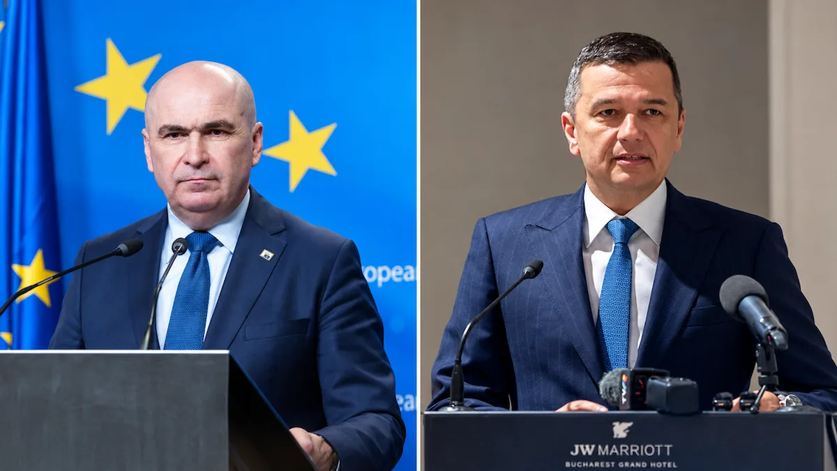 Montaj cu Ilie Bolojan și Sorin Grindeanu, fiecare fotografiat separat la un pupitru cu microfoane.